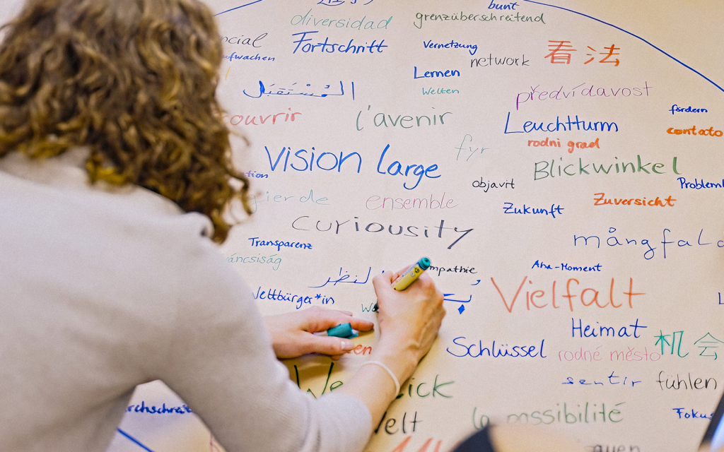 Eine Gruppe von Frauen arbeitet an einem Whiteboard. Sie scheinen in einer Besprechung zu sein und schreiben Notizen auf.