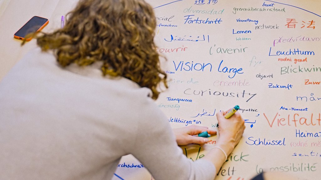 Eine Gruppe von Frauen arbeitet an einem Whiteboard. Sie scheinen in einer Besprechung zu sein und schreiben Notizen auf.